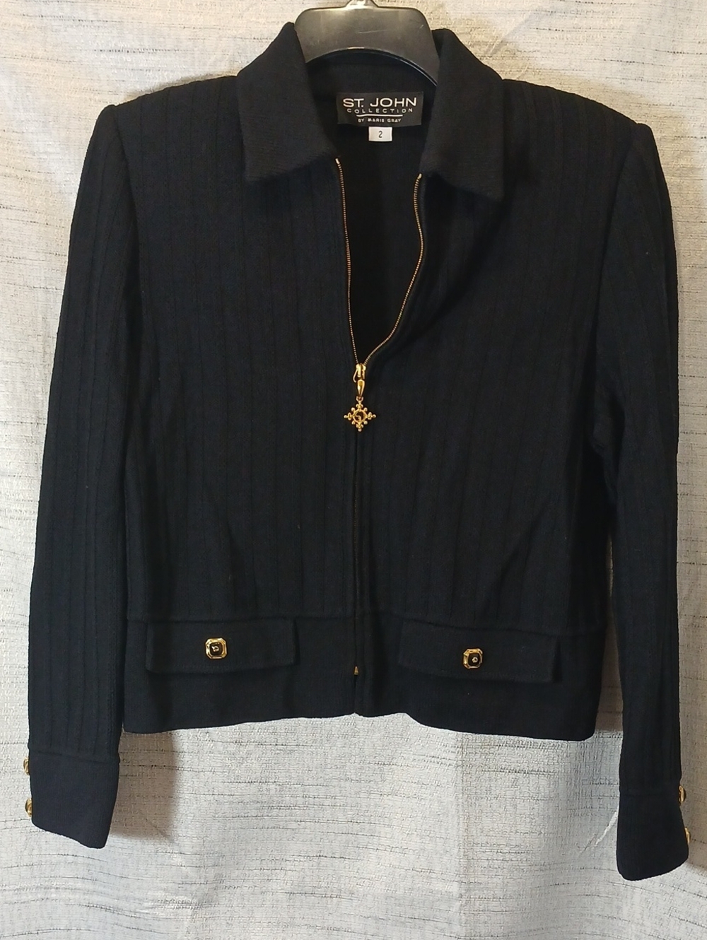 Vintage St. John Collection Black Ribbed Zip Sweater with Gold Hardware Sz 2